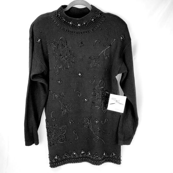 Vintage Deadstock 80's Black Beaded Tunic Sweater Dress M Dark Academia Goth NWT - Picture 2 of 8